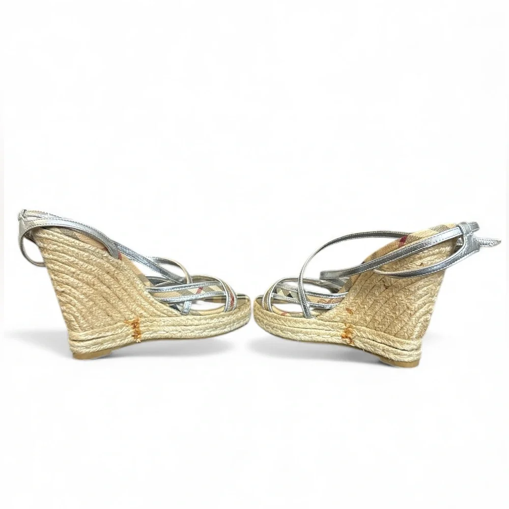 Burberry Silver Plaid Leather Espadrilles Sandals Platform Shoes Size 38 5” Heel